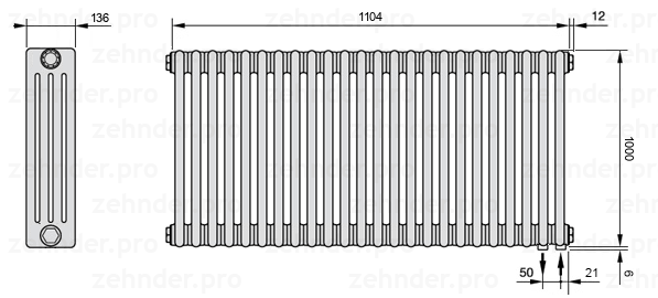 Схема (чертеж) Радиатор Zehnder Charleston 4100/24 №5510 Белый глянцевый RAL 9016